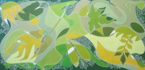 An abstract oil painting full of different leaves.