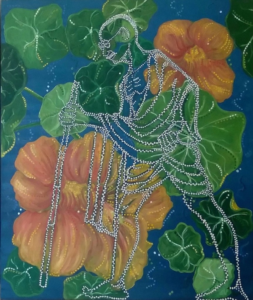 A floral painting with the image of Mahatma Gandhi merging