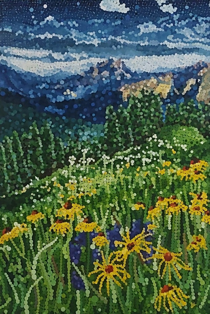 This is a contemporary/conceptual landscape based on the idea that the world is really made up of atoms and that all forms are illusions. This is not only the basic premise of Quantum Physics but also resonates with the ancient Indian philosophy of Advaita, which asserts that like the dots of this painting, like the drops in an ocean, we are all a part of the bigger picture, essentially one with all there is. Our individuality rises and falls within this paradigm. We are one.